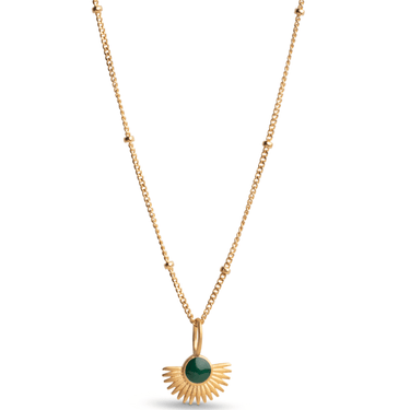 Gold necklace with a green pendant on a white background