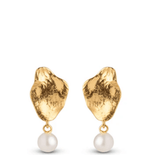 Gold earrings with pearl drops on a white background