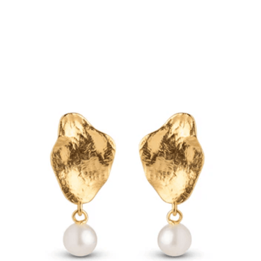Gold earrings with pearl drops on a white background