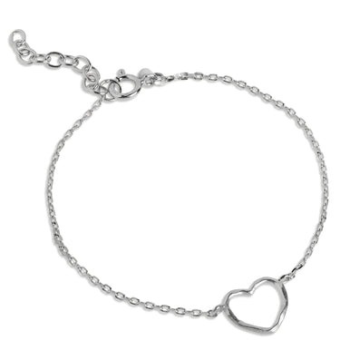 Silver bracelet with a heart charm on a white background
