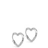 Heart-shaped silver hoop earrings on a white background