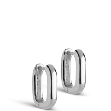 Pair of silver hoop earrings on a white background