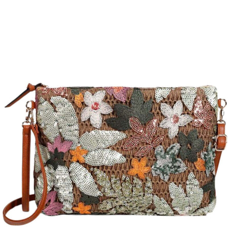 Floral Sequin & Embroidery Straw Clutch Bag - Orange