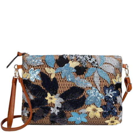 Floral Sequin & Embroidery Straw Clutch Bag - Navy