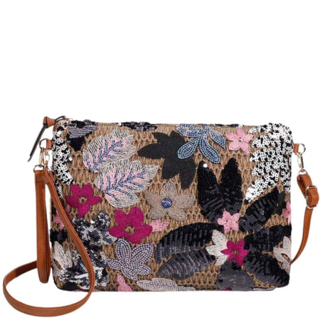 Floral Sequin & Embroidery Straw Clutch Bag - Pink