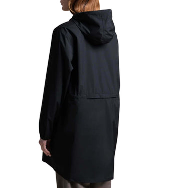 A woman wearing a black hooded raincoat, shown from the back against a plain white background.