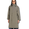 A woman wearing a mid-length olive green hooded raincoat with a high collar, snap-button front, and side pockets, photographed against a plain white background.