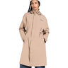 A woman wearing a beige hooded raincoat with a drawstring waist and a small Patagonia logo patch on the chest, set against a plain white background.