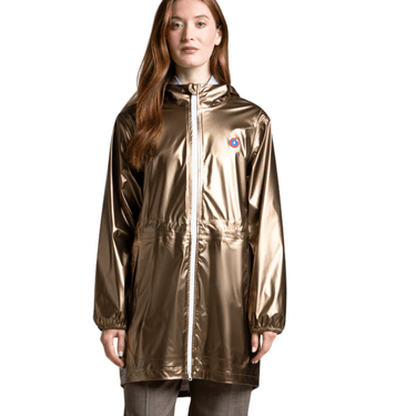 Person wearing a gold raincoat on a white background