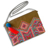 Brown clutch bag with colorful geometric pattern and tassel on a white background