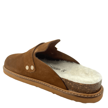Brown suede slipper with white fur lining on a white background