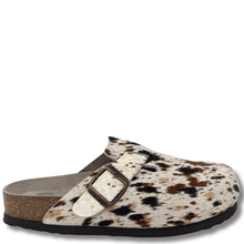 closed toe shoe with cow print strap and buckle on a white background