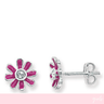 Pink flower-shaped earrings with a clear gemstone on a white background
