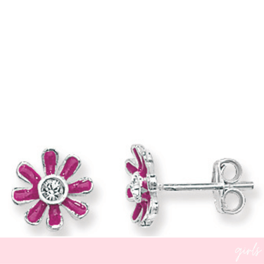 Pink flower-shaped earrings with a clear gemstone on a white background