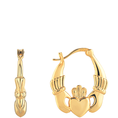 Gold claddagh hoop earrings on a white background