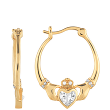 Gold Crystal Claddagh Hinged Hoop Earrings