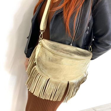 Gold Leather Fringed Crossbody Bag