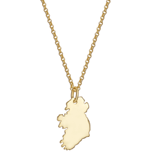 Gold necklace with a pendant shaped like a map of Ireland on a white background