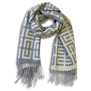 Gray and beige patterned scarf with fringes on a white background