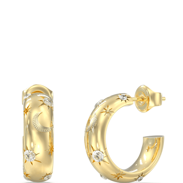 Gold hoop earrings with star and floral designs on a white background