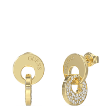 Gold earrings with circular design and Guess branding on a white background