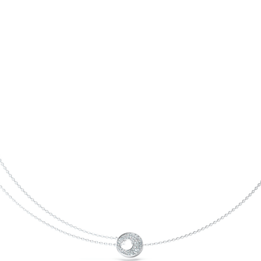 Silver necklace with a small round pendant on a white background