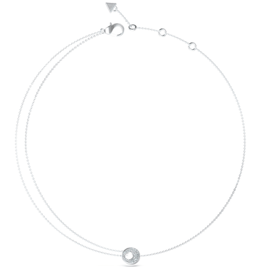 Silver necklace with a small round pendant on a white background