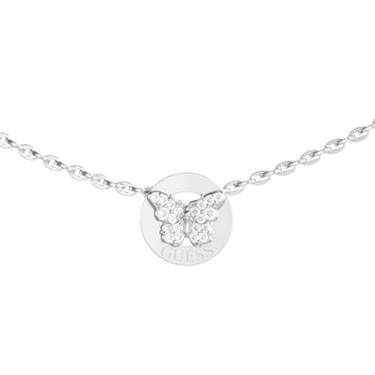Silver necklace with a butterfly pendant on a white background