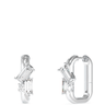 Pair of silver hoop earrings with clear gemstones on a white background