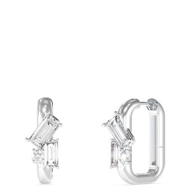 Pair of silver hoop earrings with clear gemstones on a white background