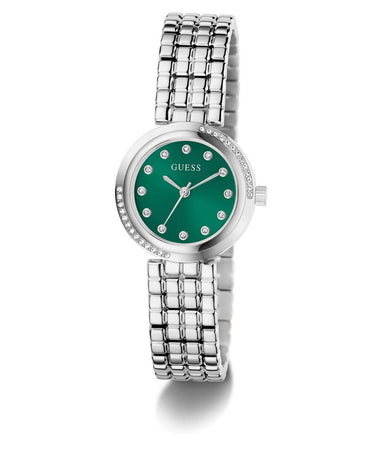 Silver watch with a green face on a white background