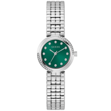 Silver watch with a green face on a white background