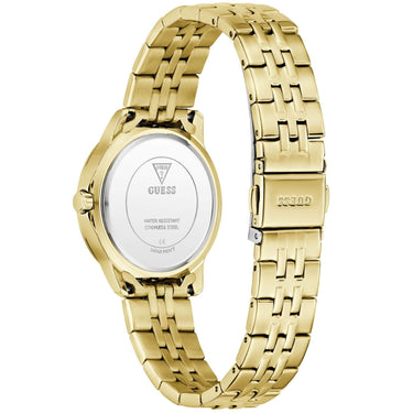 Gold watch with a visible brand logo on a white background