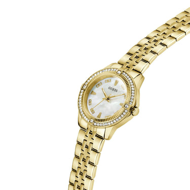 Gold watch with a white face on a white background