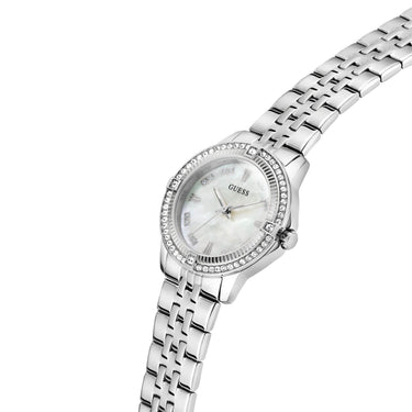 Silver watch with a white face on a white background