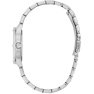 Close-up of a silver watch band on a white background