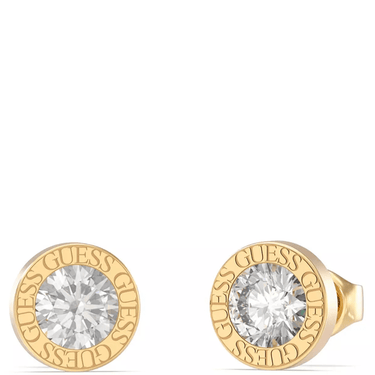 Gold earrings with 'Guess' branding on a white background