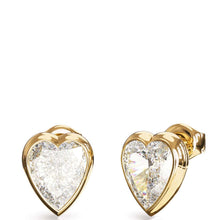 A pair of gold heart stud earrings with clear heart-shaped gemstones, shown on a plain white background.
