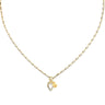 A gold chain necklace featuring a small heart-shaped pendant with a clear faceted gemstone and a tiny gold accent, displayed against a solid white background.