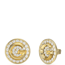Gold earrings with 'G' design and diamond accents on a white background