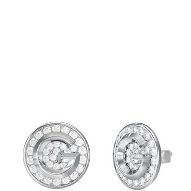 Silver earrings with clear gemstones on a white background