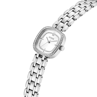 Silver watch with a white face on a white background