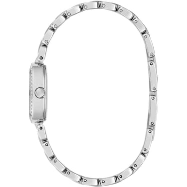 Silver watch with a detailed band on a white background