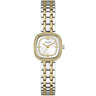 A Guess women's two-tone watch with a silver and gold-tone metal link bracelet, a square bezel set with small crystals, and a white dial.