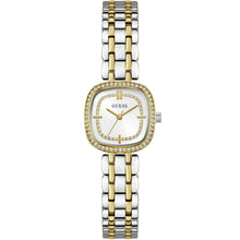 A Guess women's two-tone watch with a silver and gold-tone metal link bracelet, a square bezel set with small crystals, and a white dial.