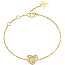 Gold bracelet with a heart-shaped clasp on a white background