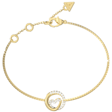 Gold bracelet with a heart-shaped clasp on a white background