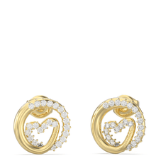 Gold earrings with heart designs on a white background
