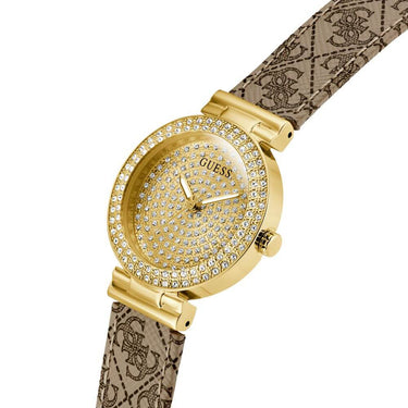 ladies gold watch with branded leather strap