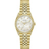 Gold-tone Guess watch with a round mother-of-pearl dial, crystal-encrusted bezel, and matching gold-tone link bracelet on a white background.